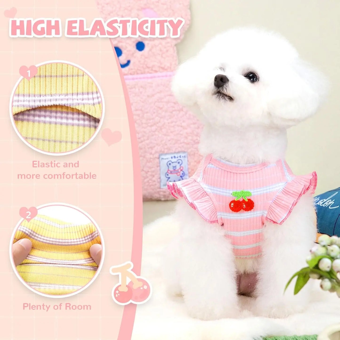 2-Pack Striped Dog T-Shirts -Cute Cherry Print Sleeveless Vest for Small Dogs &Cats, Soft Cotton Pet Outfits for Spring & Summer