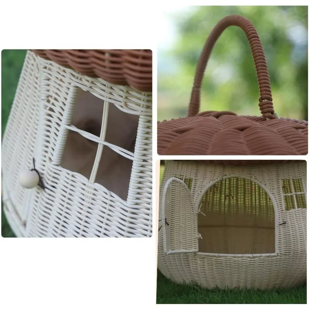 Closed Going Out Home Dual-use Pet Nest Mushroom House Raised Cat Bed Dog Kennel Anti-Rattan Cute Cat Nest (Pink)