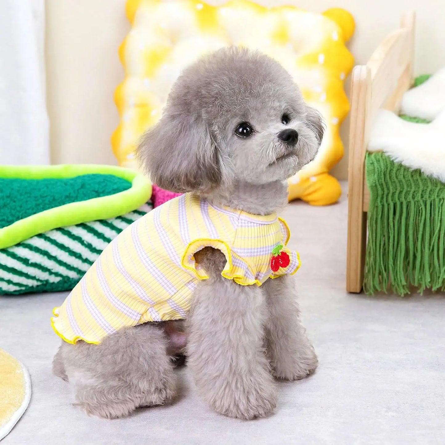 2-Pack Striped Dog T-Shirts -Cute Cherry Print Sleeveless Vest for Small Dogs &Cats, Soft Cotton Pet Outfits for Spring & Summer