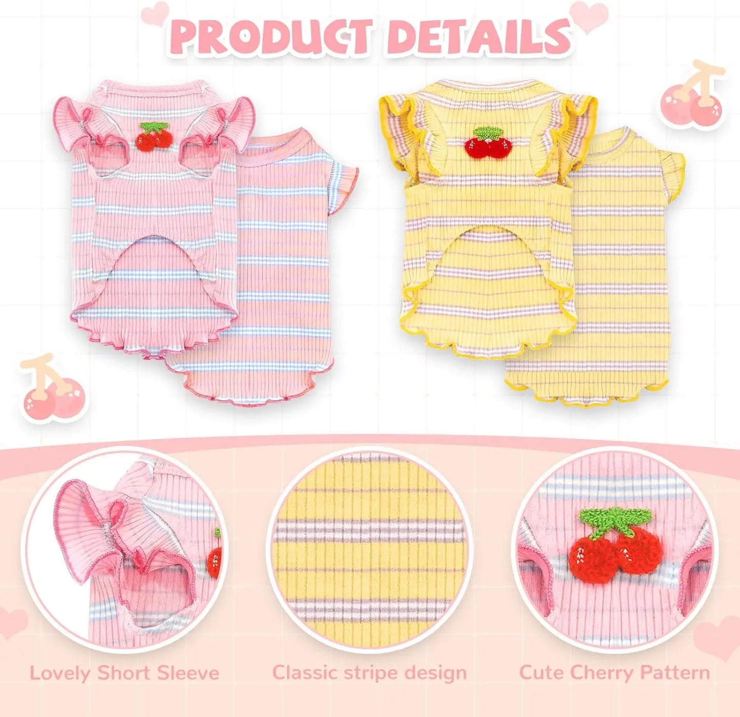 2-Pack Striped Dog T-Shirts -Cute Cherry Print Sleeveless Vest for Small Dogs &Cats, Soft Cotton Pet Outfits for Spring & Summer