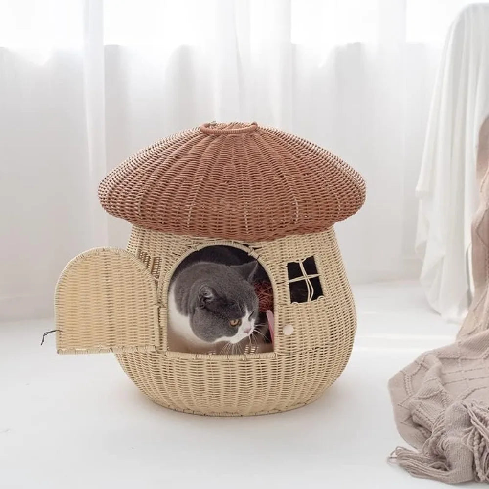 Closed Going Out Home Dual-use Pet Nest Mushroom House Raised Cat Bed Dog Kennel Anti-Rattan Cute Cat Nest (Pink)
