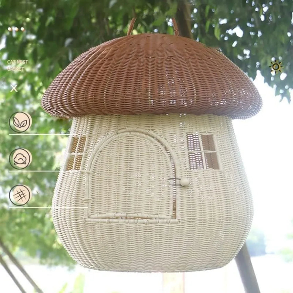 Closed Going Out Home Dual-use Pet Nest Mushroom House Raised Cat Bed Dog Kennel Anti-Rattan Cute Cat Nest (Pink)
