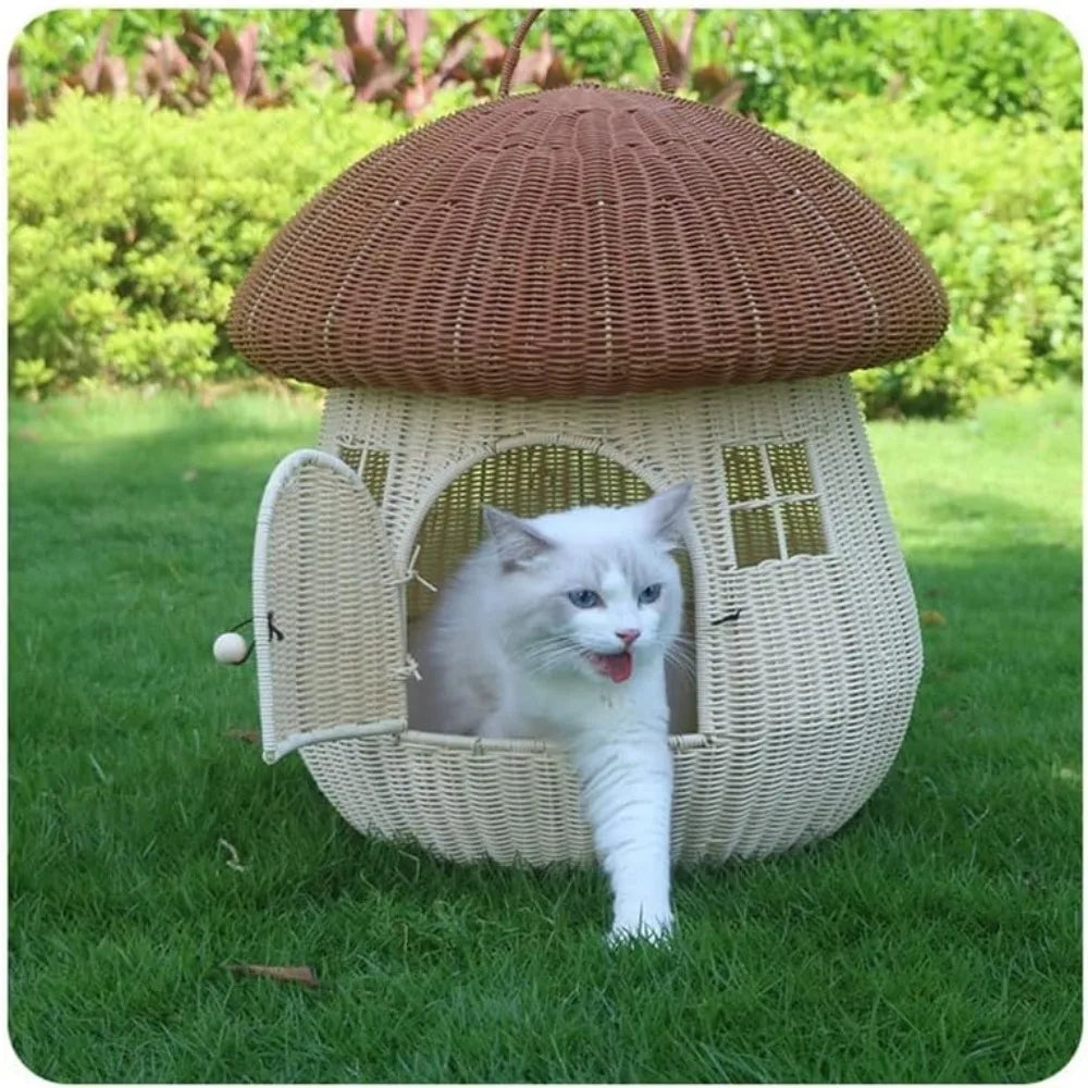 Closed Going Out Home Dual-use Pet Nest Mushroom House Raised Cat Bed Dog Kennel Anti-Rattan Cute Cat Nest (Pink)