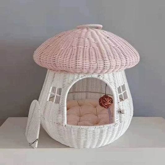 Closed Going Out Home Dual-use Pet Nest Mushroom House Raised Cat Bed Dog Kennel Anti-Rattan Cute Cat Nest (Pink)