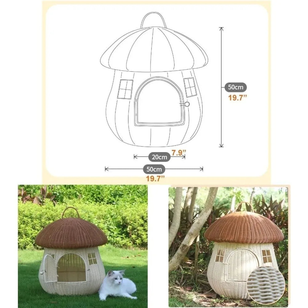 Closed Going Out Home Dual-use Pet Nest Mushroom House Raised Cat Bed Dog Kennel Anti-Rattan Cute Cat Nest (Pink)