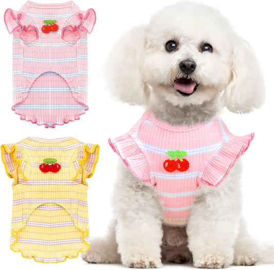 2-Pack Striped Dog T-Shirts -Cute Cherry Print Sleeveless Vest for Small Dogs &Cats, Soft Cotton Pet Outfits for Spring & Summer
