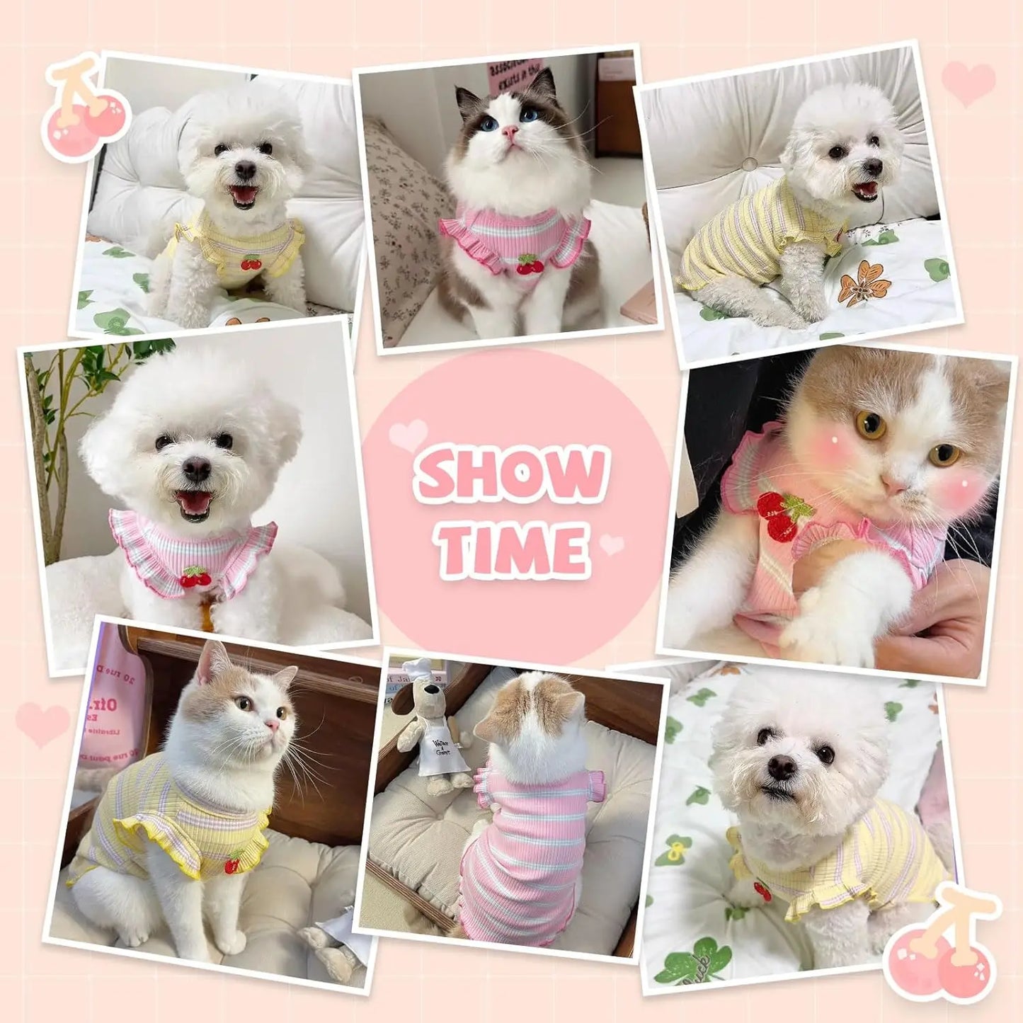 2-Pack Striped Dog T-Shirts -Cute Cherry Print Sleeveless Vest for Small Dogs &Cats, Soft Cotton Pet Outfits for Spring & Summer