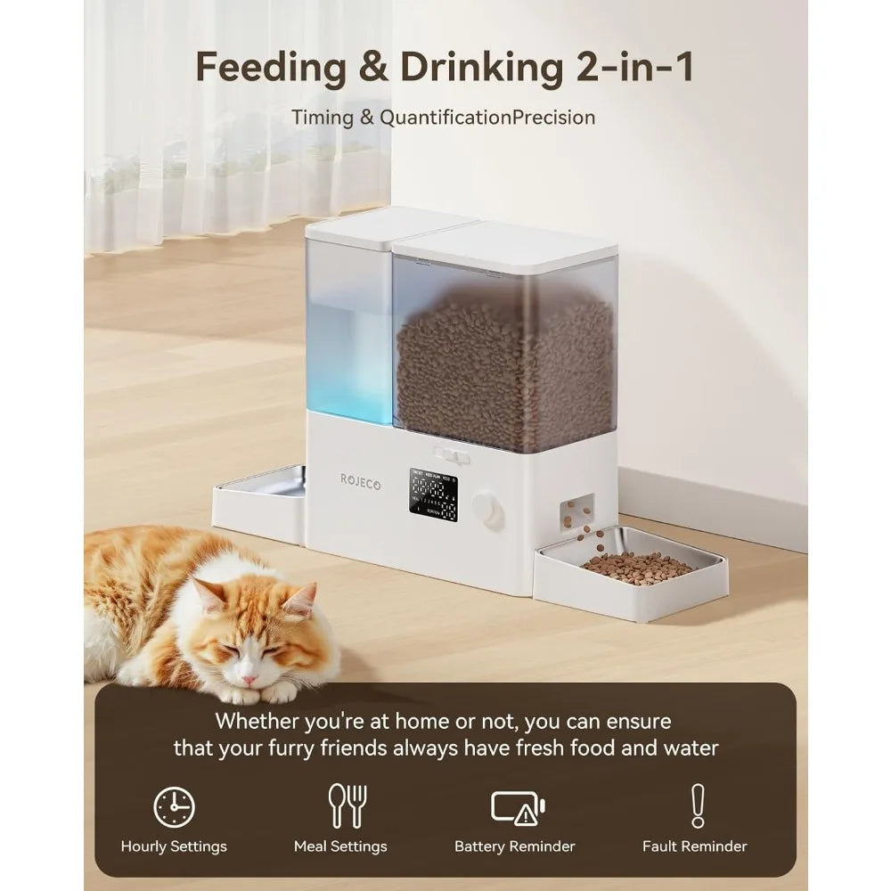 Pet Automatic Cat Feeder and Gravity Water Dispenser,Steel Bowls 2-in-1Set Large Capacity 5L Food Feeder and 3.5L Water Fountain