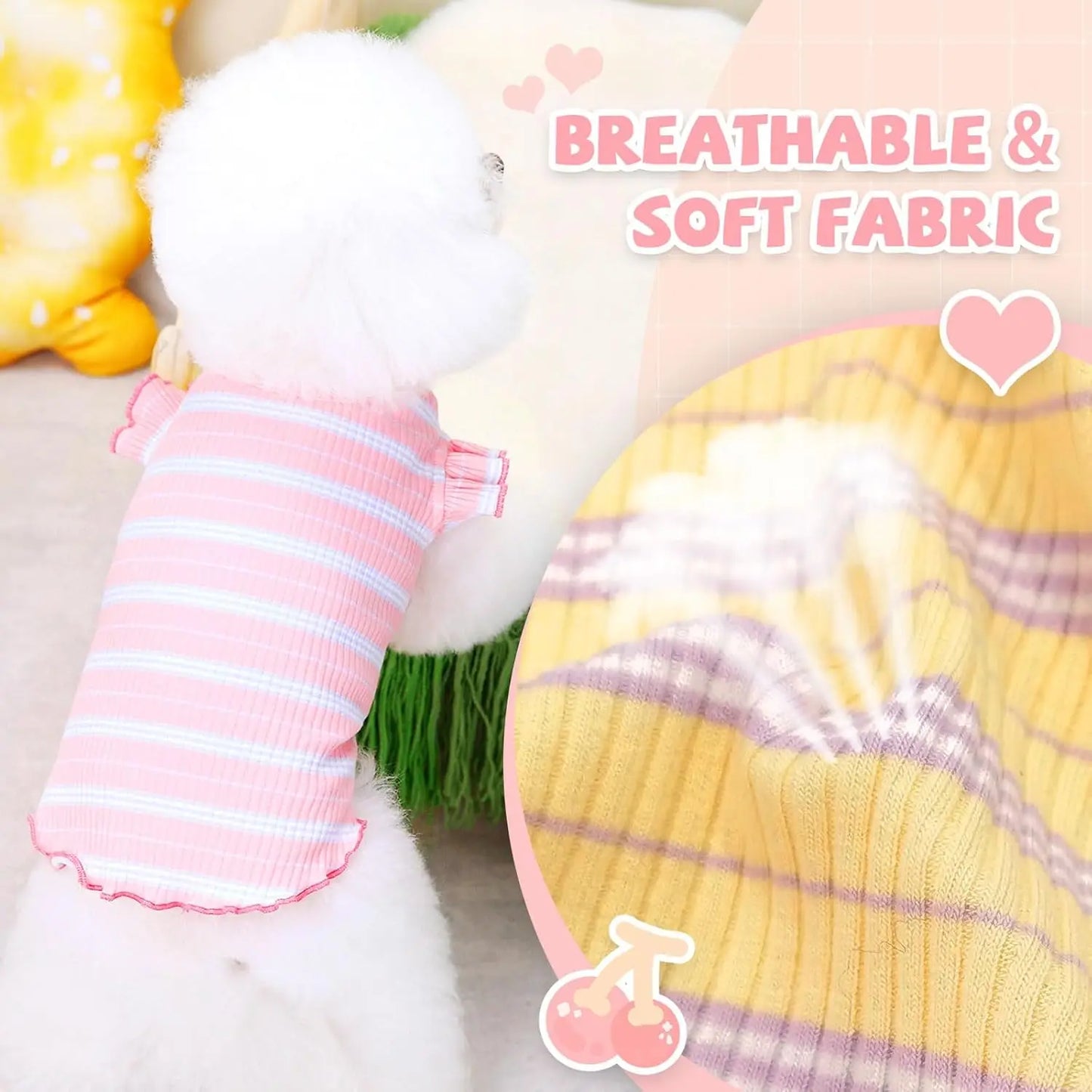 2-Pack Striped Dog T-Shirts -Cute Cherry Print Sleeveless Vest for Small Dogs &Cats, Soft Cotton Pet Outfits for Spring & Summer