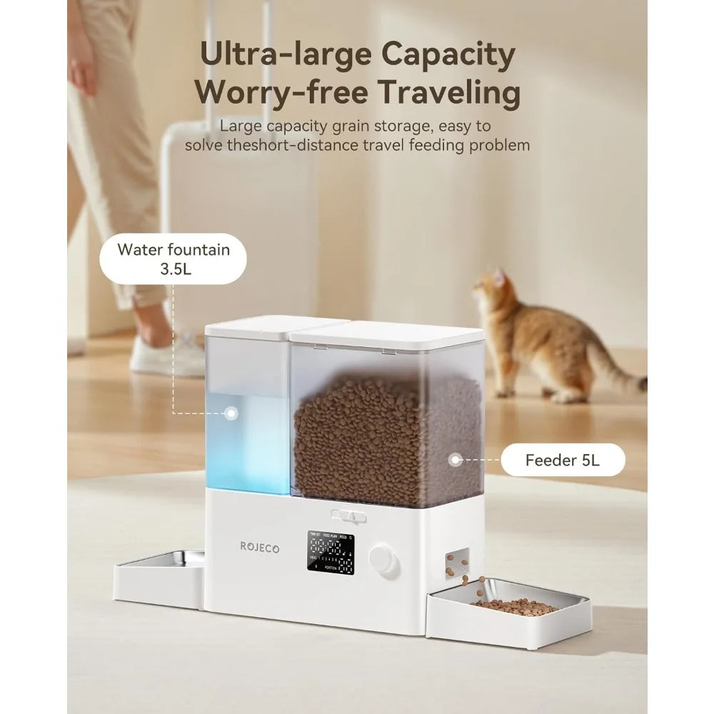 Pet Automatic Cat Feeder and Gravity Water Dispenser,Steel Bowls 2-in-1Set Large Capacity 5L Food Feeder and 3.5L Water Fountain